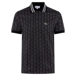 Mens Lacoste Monogram Motif Polo Shirt Black